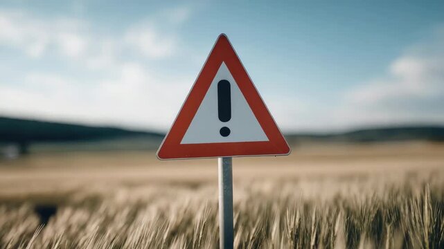 Warning sign in field under blue sky with hills and clouds visible