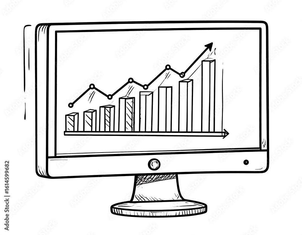 Poster hand-drawn computer monitor displaying a growing bar graph