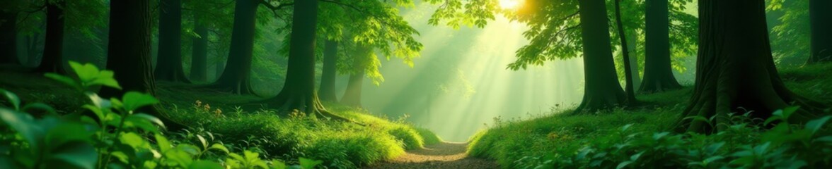 Fototapeta premium Deep green forest, early morning light filters through dense foliage, dense, undergrowth