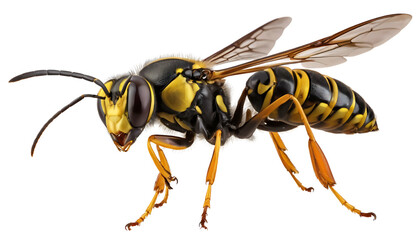 A wasp in aggressive mid-flight pose, wings stretched wide with clear motion ripple effect. Sharp mandibles and narrow waist visible, isolated cleanly for transparent PNG.
