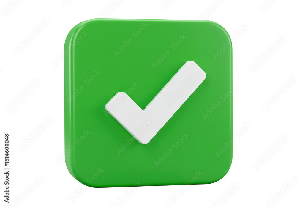 Poster a green square with a white checkmark symbol isolated on a transparent background