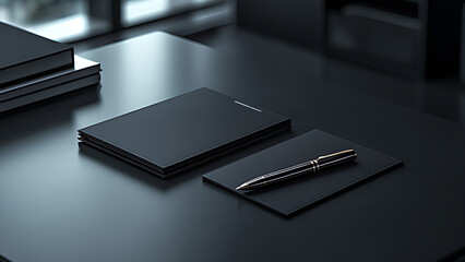 A sleek black notebook and pen set displayed