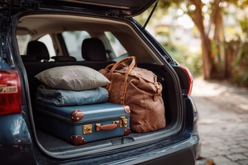 Luggage and bags arranged in a car trunk ready for a weekend getaway or road trip on a sunny day