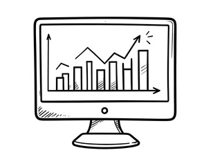 Hand-drawn illustration of a computer monitor displaying a growth chart.  Simple, black outline drawing of a monitor with a graph showing upward trend, including bars and arrows