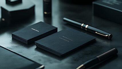 A sleek black notebook and pen set displayed