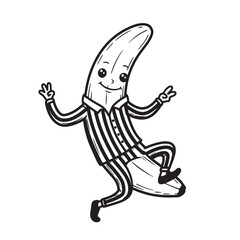 Cartoon banana character dressed in striped pajamas joyfully giving peace and okay sign