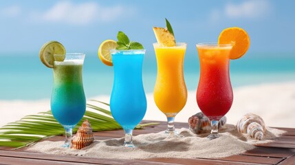 A bright summer tabletop scene featuring colorful mocktails in tall glasses, placed on a wooden or rattan table on sand, surrounded by tropical props like palm leaves, citrus fruits, and shells,