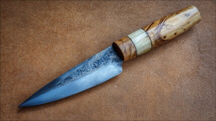 A beautifully crafted knife showcases a sharp blade and an elegant wooden handle. The piece is displayed on a smooth leather background, highlighting its intricate details.