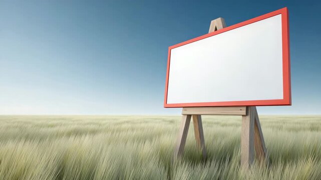 Blank whiteboard with red border on wooden easel in grass field