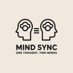 Two abstract human heads in profile facing each other with a three-line symbol between them