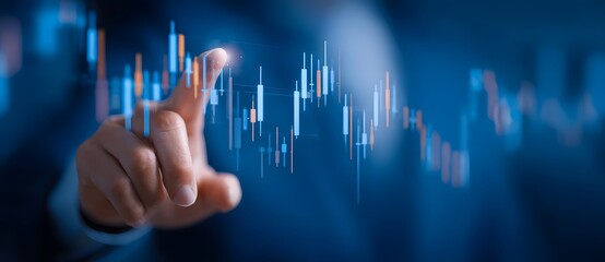Business hand interacting with digital stock market chart. Financial trading, investment, analytics, and technology concept with blue futuristic background.