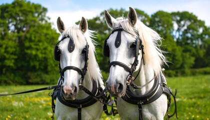 Two white draft horses in a field