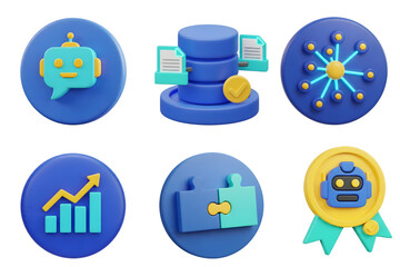 3D AI and technology icons with robot, server database, network nodes, growth chart, padlock, and cybersecurity visuals

