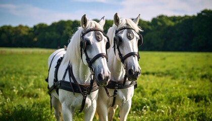 Two white draft horses in a field (1)