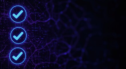 Neon Checkmarks on Circuit Board Background - Neon
