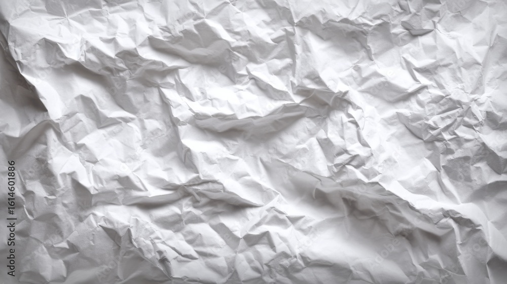 Poster a detailed view of crumpled white paper displaying numerous folds and creases. the light creates int