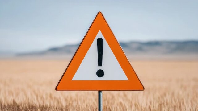 Warning sign with exclamation mark inside triangle dry wheat field
