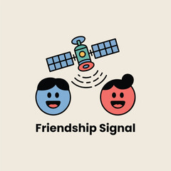 Two cartoon faces sending and receiving signals from a satellite illustration space communication