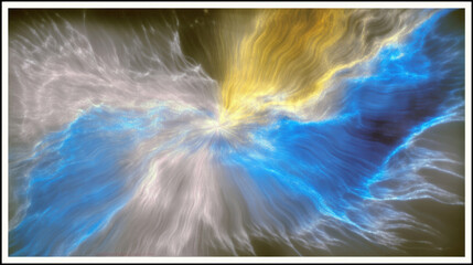 Dynamic abstract image featuring swirling colors of blue, yellow, and gray, creating sense of movement and energy. vibrant hues blend seamlessly, evoking feeling of cosmic wonder