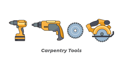 Some collections of carpentry tools such as cordless drill, hand drill and circular saw, isolated on white background