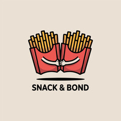 Two cartoon french fry boxes hugging with text snack and bond french fries fast food