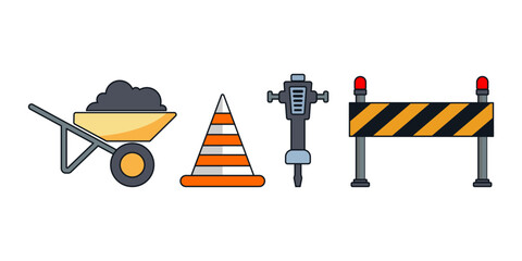 Some collection of carpentry tools such as traffic cones, trolley cart, soil compactor and warning guardrail isolated on white background