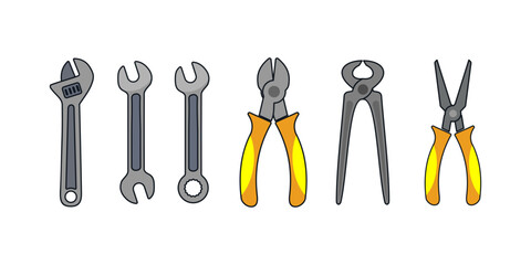 Some collections of carpentry tools such as wrenches, spanners, pliers, parrot pliers and needle nose pliers isolated on white background