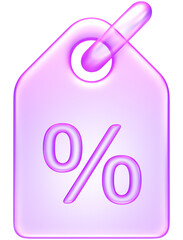 3D discount tag icon in purple translucent glass style, representing sale, offer, promotion, or price reduction