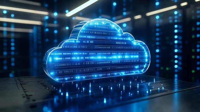 Server room, icon and cloud computing for software, digital or cybersecurity in information technology. Overlay for online storage, backup and app integration in data center or memory computer system