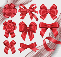 Red Ribbon and Bow Set – Realistic Silk Decoration for Gift Wrapping, Holiday Cards, Birthday Presents, and Christmas Packaging Vector Isolated Illustration

