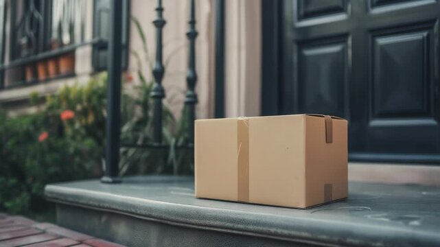 Cardboard box delivered to the front door, representing the convenience of online shopping with delivery services. A concept of modern lifestyle and e-commerce convenience.