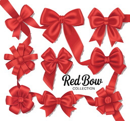 Romantic Red Gift Bows with Ribbons – Realistic Silk Decoration for Holiday Presents, Christmas Gifts, Valentine’s Cards, or Birthday Wrapping Isolated on Transparent Background

