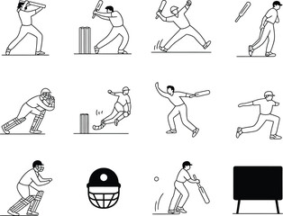 Cricket player actions and equipment illustrated in a line art style