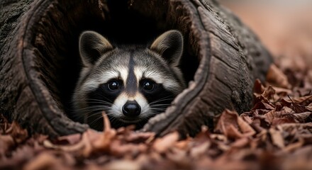 Curious raccoon peeking from log in autumn leaves