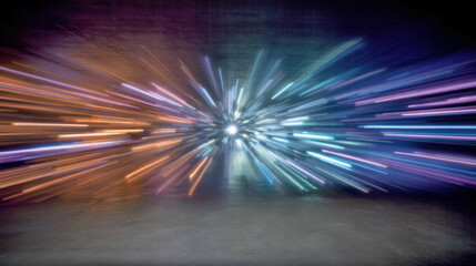 Radiant glowing lines create mesmerizing burst of colors, showcasing vibrant hues of blue, orange, and purple. This dynamic display evokes sense of energy and movement