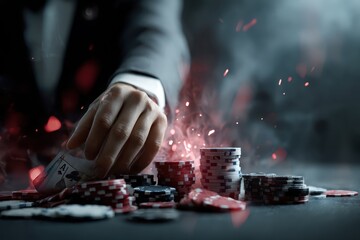 Hand placing poker cards on casino table surrounded by colorful chips in atmospheric lighting during an exciting gaming moment