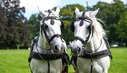 Two white horses in harness