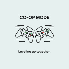 Two video game controllers in a flat design style with text gaming co-op