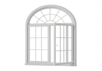 A white arched window with a glass door, isolated on a transparent background