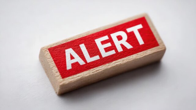 Alert warning sign on wooden block with bold red background text