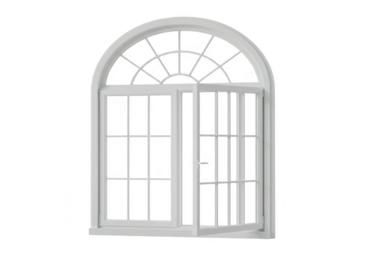 A white arched window with a glass door, isolated on a transparent background