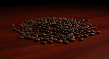 Fototapeta premium Pile of Roasted Coffee Beans on Wooden Surface.