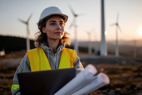 Female wind energy engineer wearing a safety vest and hard hat holding blueprints and a laptop at a wind farm during sunset, innovation, sustainability, and leadership in renewable energy development