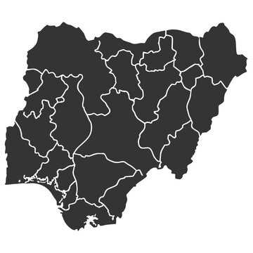 A simplified grayscale outline map of Nigeria, showing its internal state divisions.