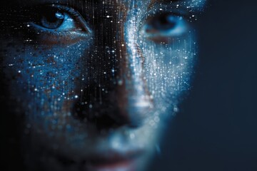 Naklejka premium Exploration of artificial intelligence and deepfake technology showcasing a digital face blending reality and virtual elements in a captivating visual effect