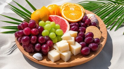 A bright summer tabletop scene featuring a tropical charcuterie board with exotic fruits and cheeses, placed on a wooden or rattan table on sand, surrounded by tropical props like palm leaves, citrus