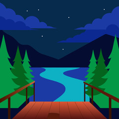 Naklejka premium Nighttime view from a wooden deck overlooking a serene lake and pine trees