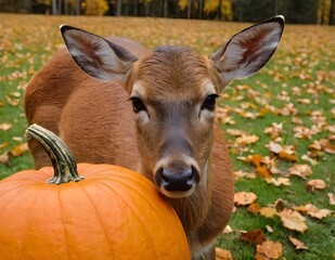 deer with a pumpkin during the autumn