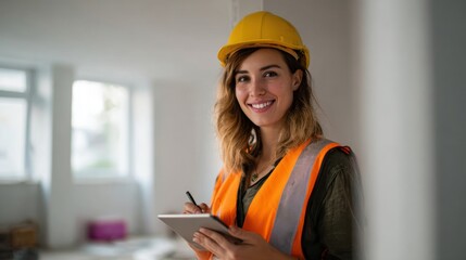 Smiling female construction manager wearing a hard hat and safety vest using a digital tablet to oversee progress in a bright indoor renovation site, leadership and modern project planning