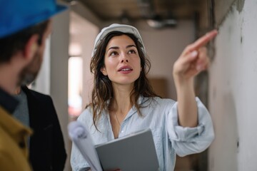 Female architect or construction manager wearing a hard hat and holding blueprints and a tablet, pointing at an unfinished interior wall while discussing renovation plans with a colleague on-site